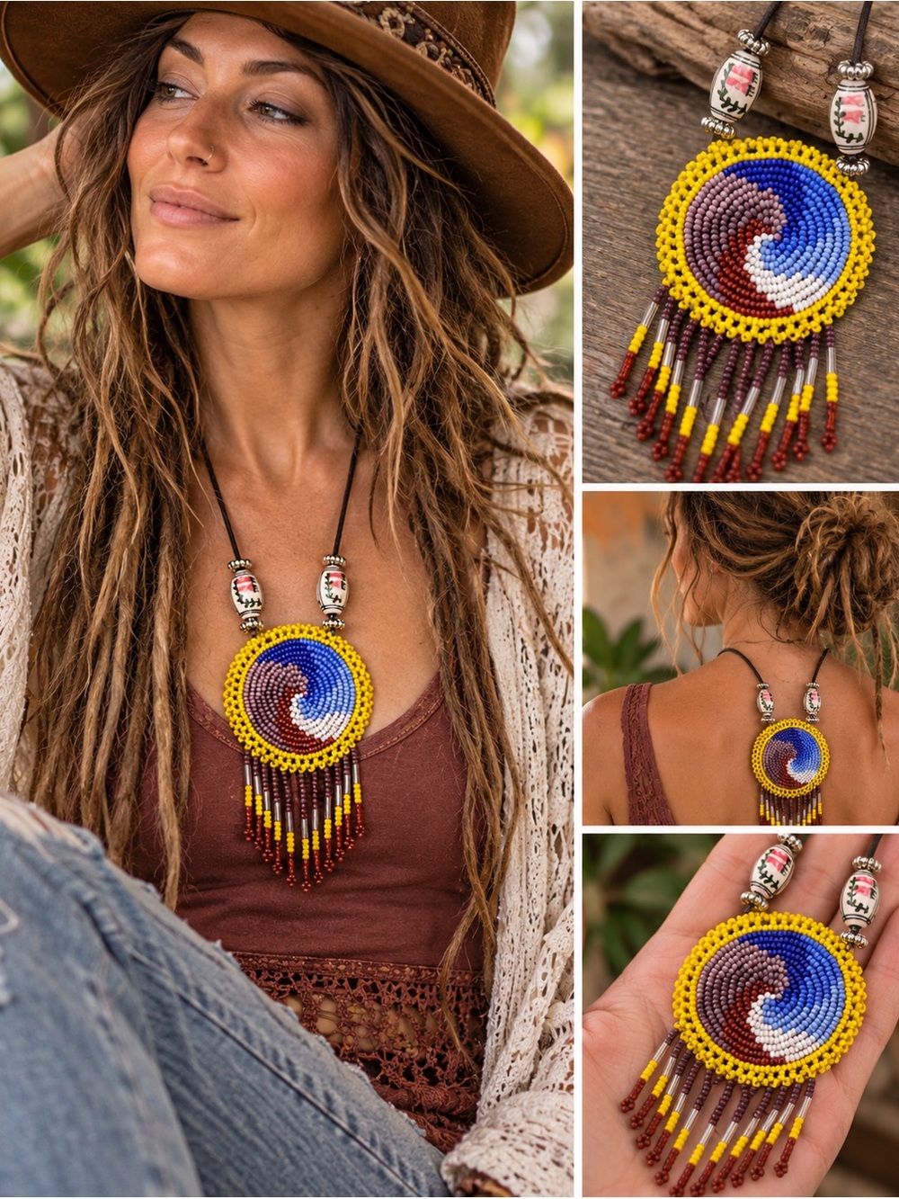 Handmade Double-Sided Beaded Spiral Medallion Fringe Necklace Boho